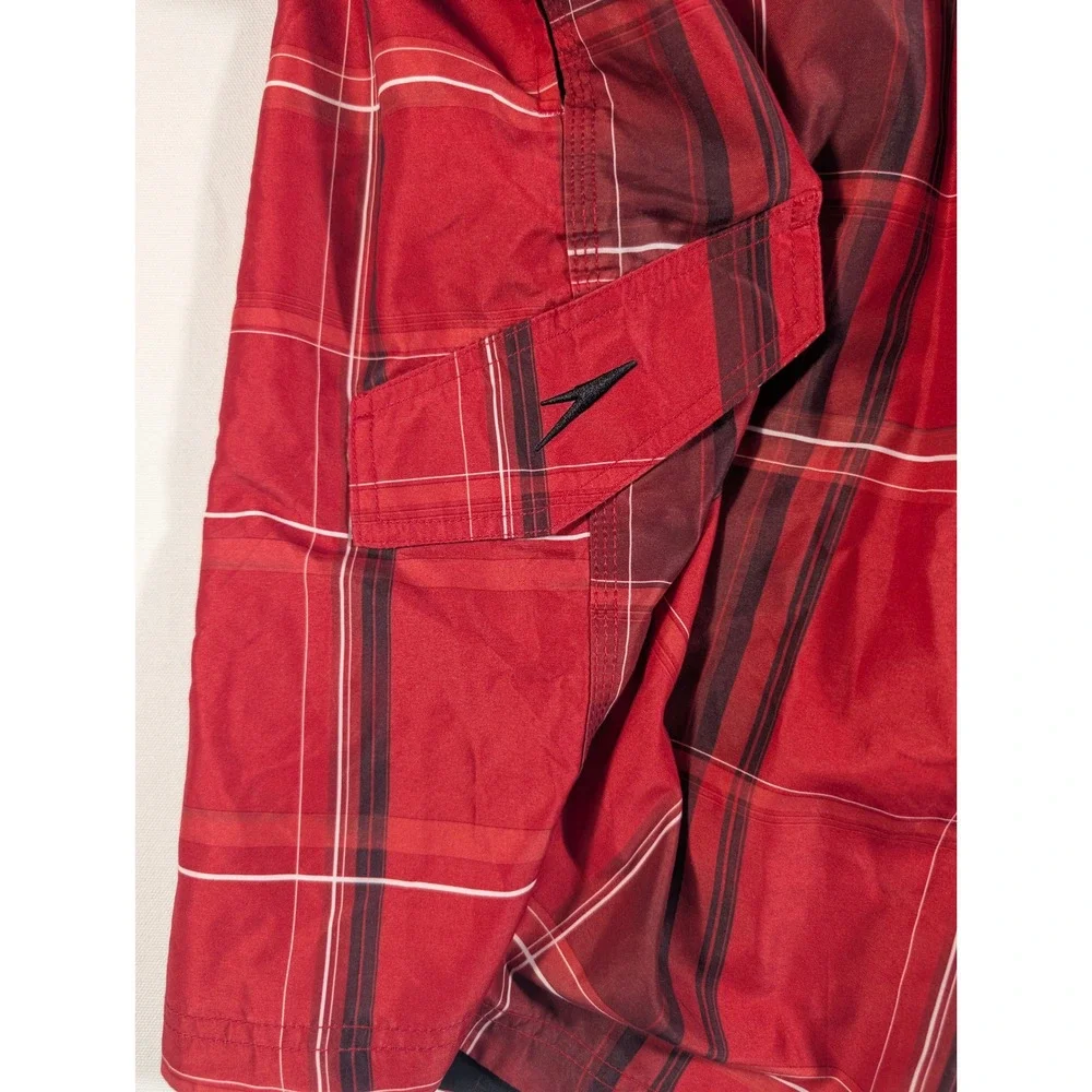 Speedo Board Shorts Mens XL Red Plaid Swim Trunks Cargo Pocket Quick Dry Lace Up